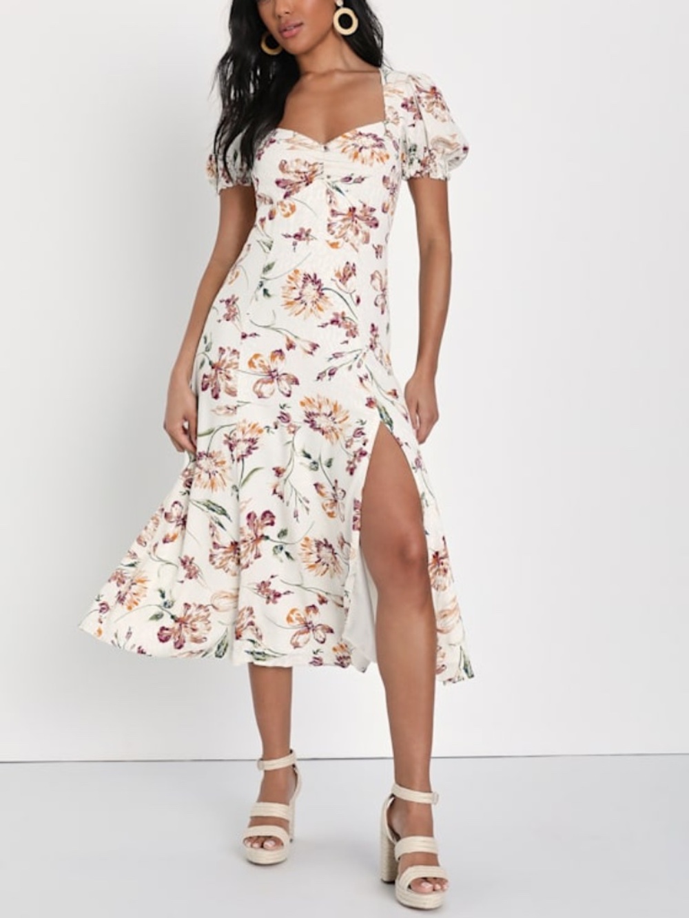 Lulus Parisian Picnic Cream Floral Jacquard Puff Sleeve Midi Dress White